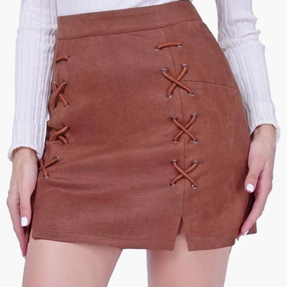 Brown Faux Suede Corset Lace Up High Waist Pencil Bodycon‎ Mini Skirt - Picture 1 of 7